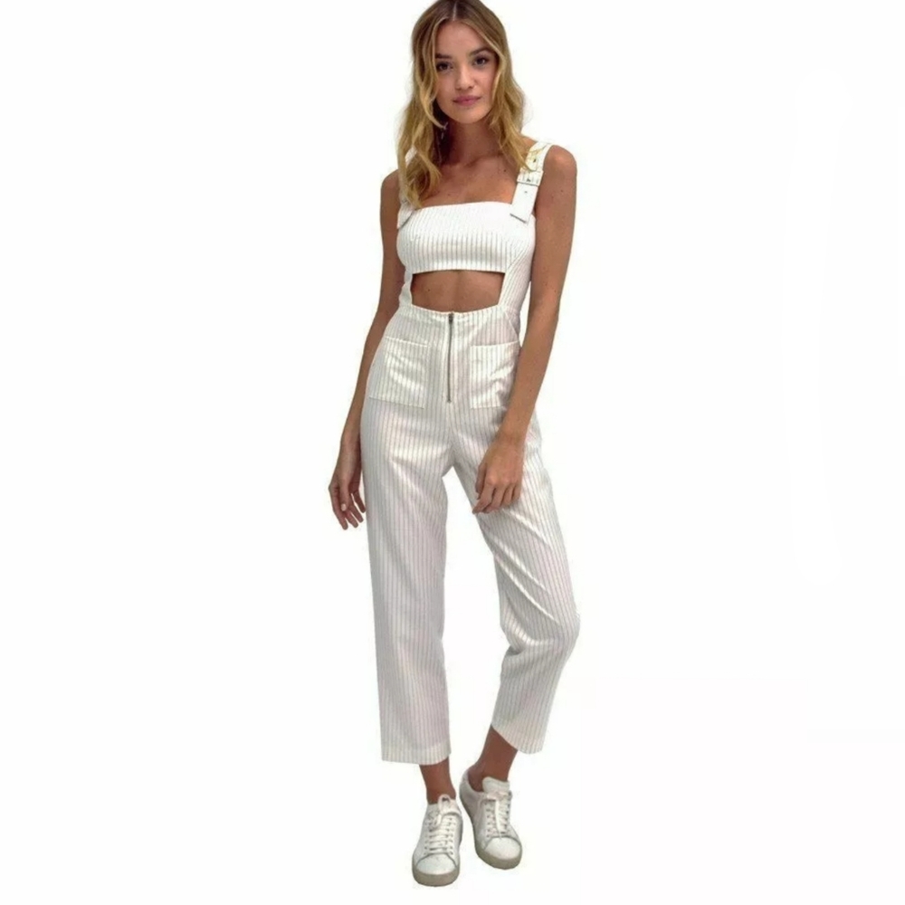 Second Skin Overalls White Pinstripe Cutout Jumpsuit
